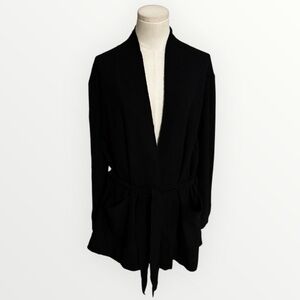 EILEEN FISHER Wool Black Open Front Long Cardigan Tie Belt Luxury Work Casual XL